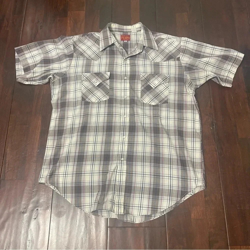 Vintage Ely Plains Western Wear Short Sleeve Pearl Snap Button Up Men’s Large